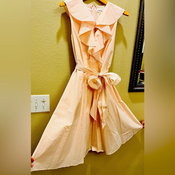 Calvin Klein NWT - Pink/White Striped Ruffle Neck Wrap Dress with Waist Tie - Picture 1 of 5
